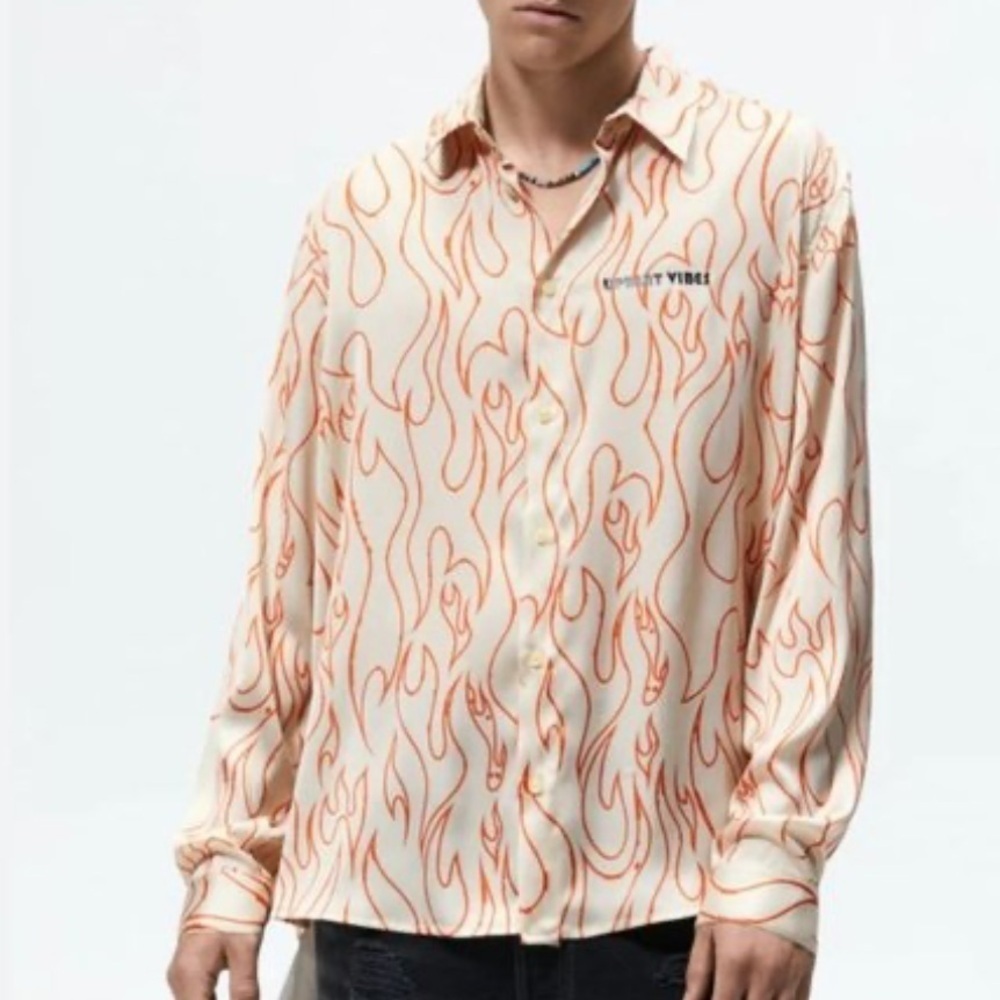 Zara Man Upbeat Vibes Satin Ghost Flame Print Shirt medium us size